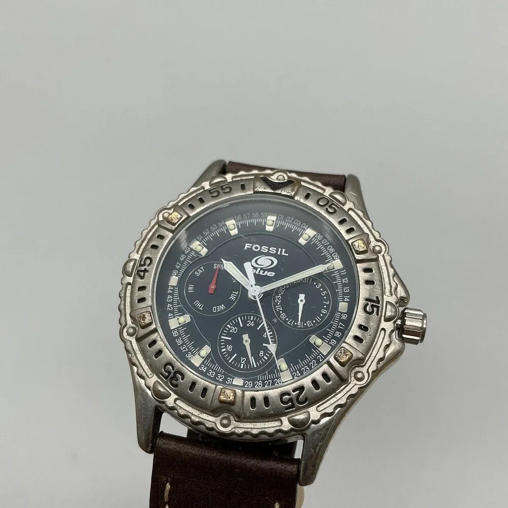 Fossil Blue Mens Watch 40mm Blue Dial Silver Tone Leather Multi New Battery